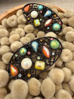 Vintage Musi Filigree Shoe Clips Iridescent Cabochons Enamel Accents
